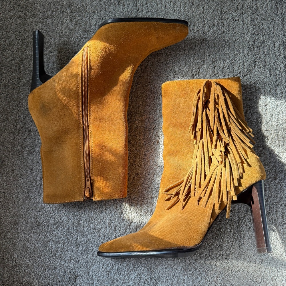 Y2K Vintage Suede Square Toe Fringe Ankle Boots 8.5 Camel Western‎ Boho Cowgirl